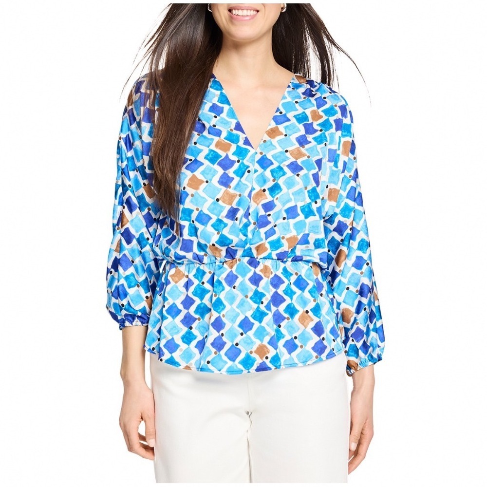 NIC+ZOE Sea Glass Sofia Top Blue Multi Mosaic V-Neck 3/4 Sleeve Blouse Large NEW